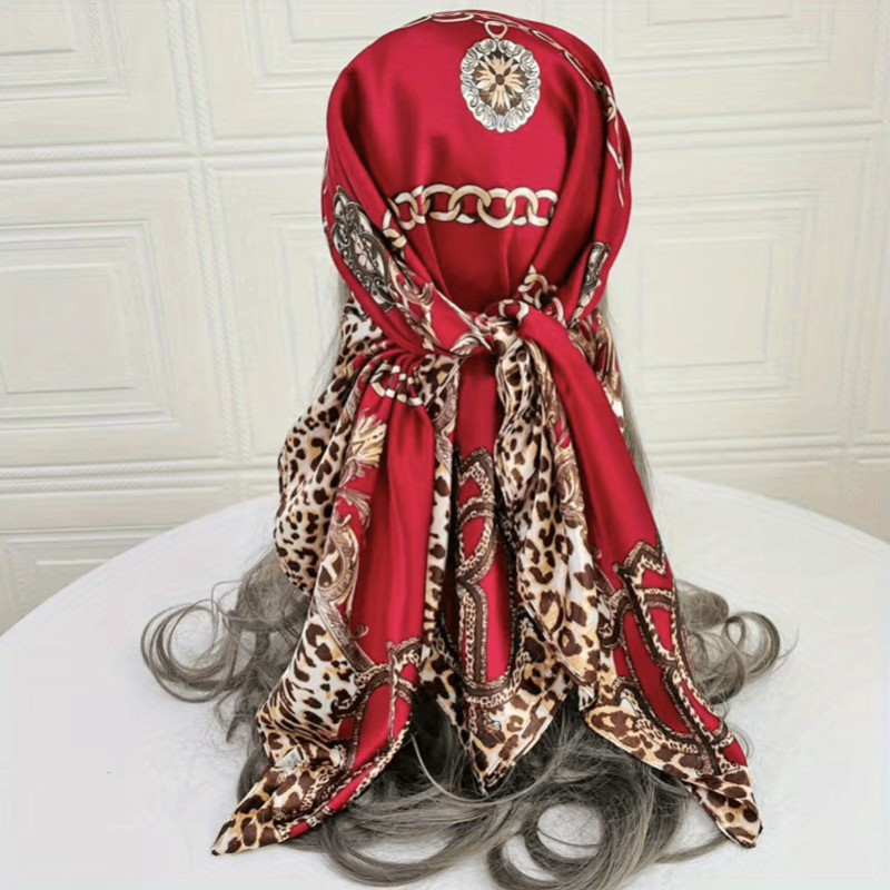 Leopard Chain Print Square Scarf Satin Bandana Hijab Women Head Wraps
