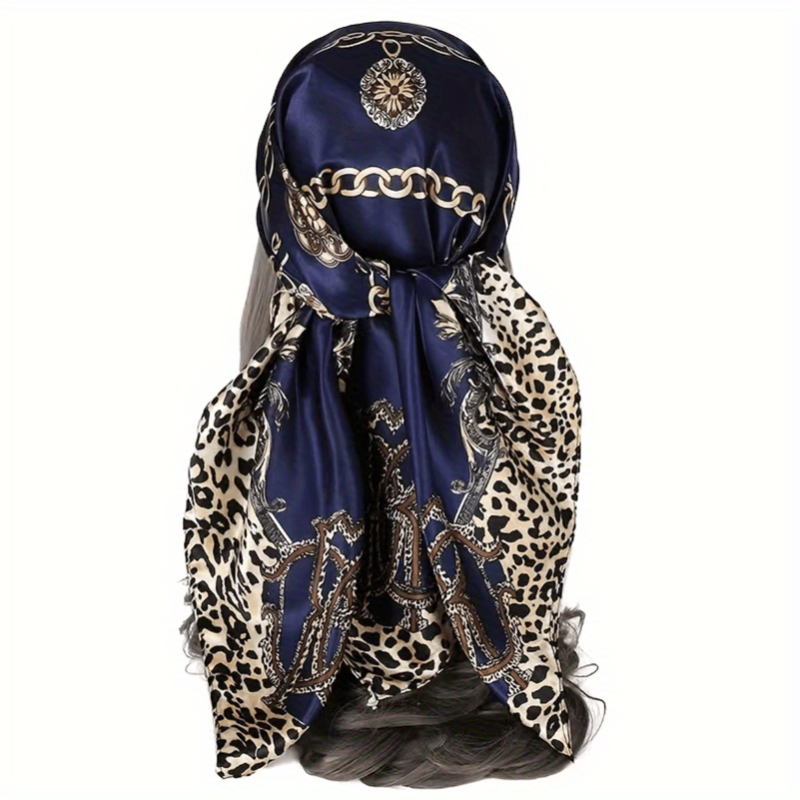 Leopard Chain Print Square Scarf Satin Bandana Hijab Women Head Wraps