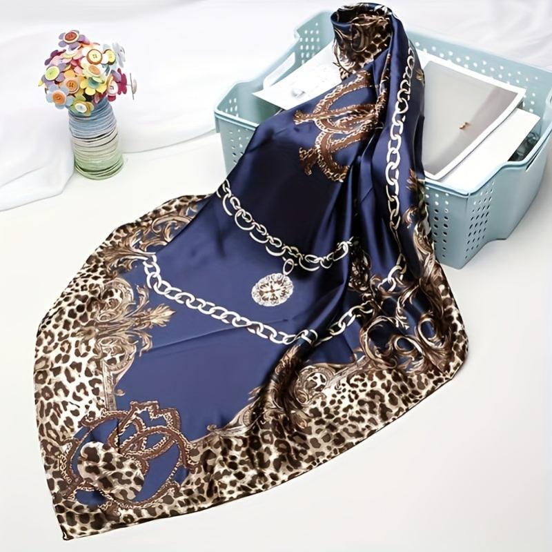 Leopard Chain Print Square Scarf Satin Bandana Hijab Women Head Wraps