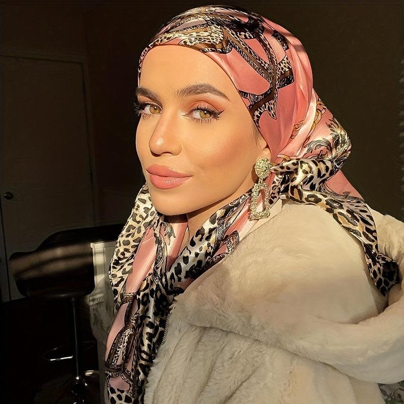 Leopard Chain Print Square Scarf Satin Bandana Hijab Women Head Wraps