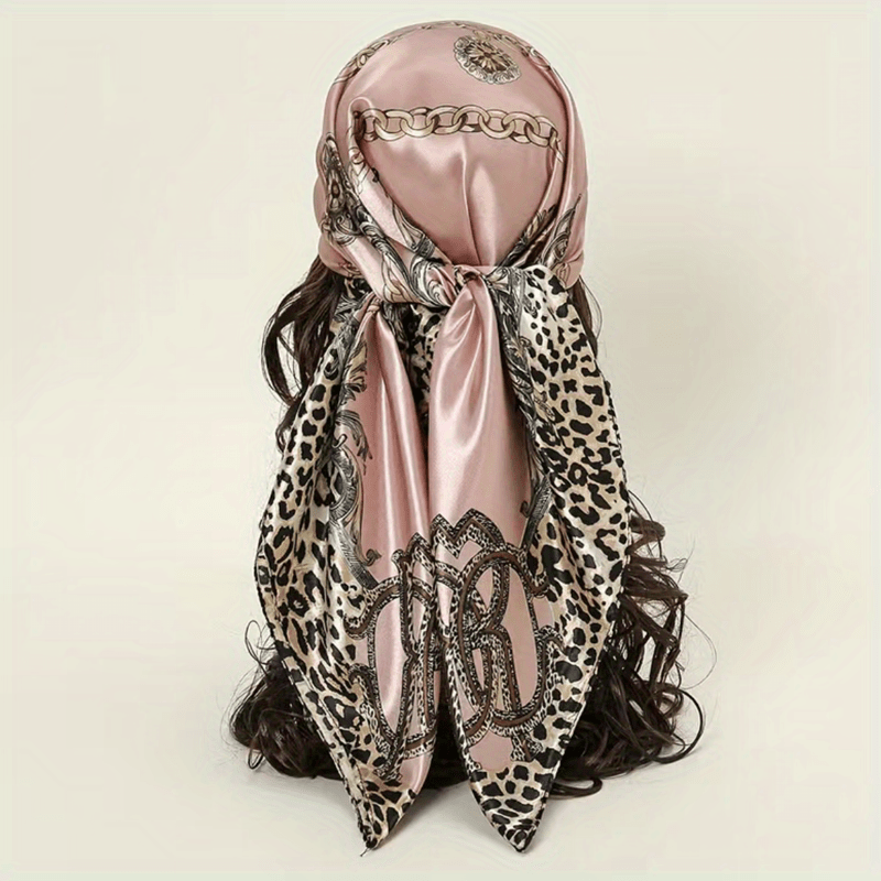 Leopard Chain Print Square Scarf Satin Bandana Hijab Women Head Wraps
