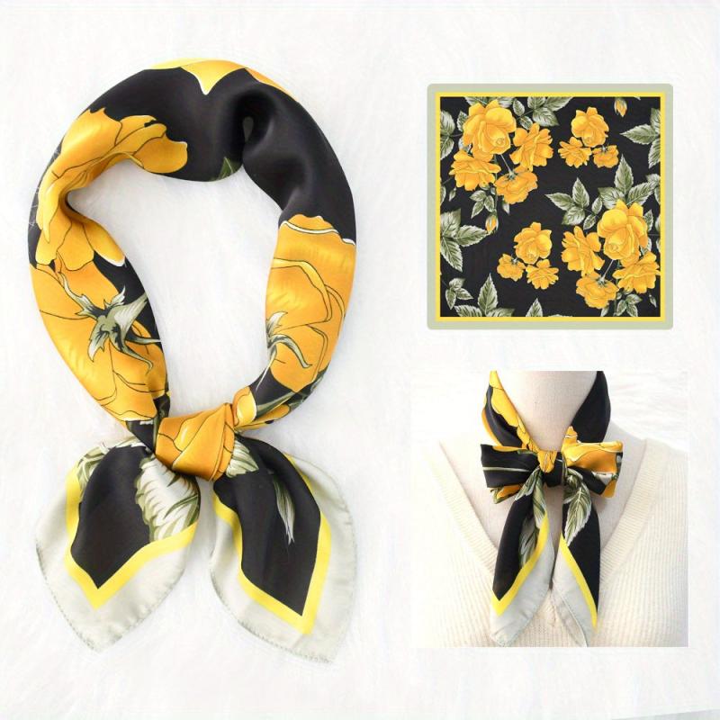 Flower Print Bandana Silk Square Scarf Satin Neckerchief Women Accessories