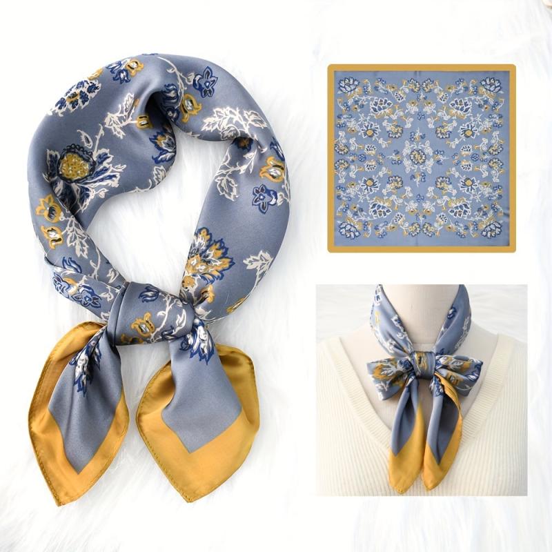 Flower Print Bandana Silk Square Scarf Satin Neckerchief Women Accessories
