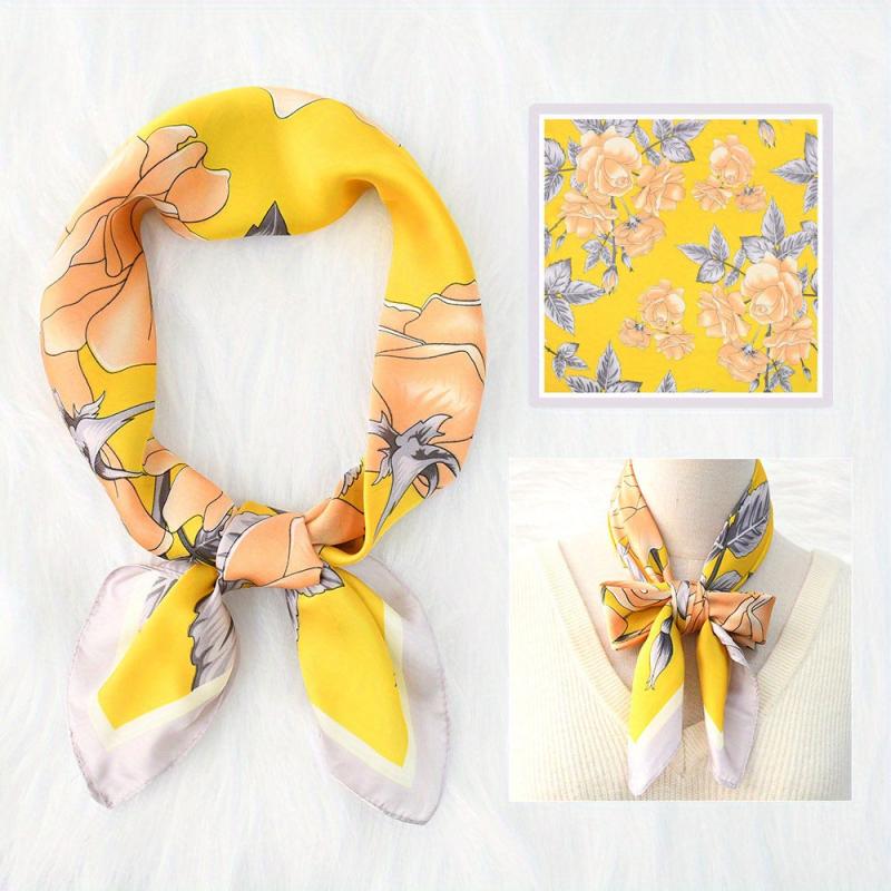 Flower Print Bandana Silk Square Scarf Satin Neckerchief Women Accessories