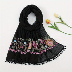 Flower Embroidery Vintage Scarf Boho Tassel Shawl Solid