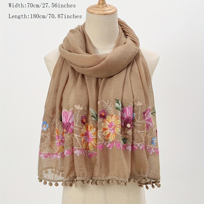 Flower Embroidery Vintage Scarf Boho Tassel Shawl Solid