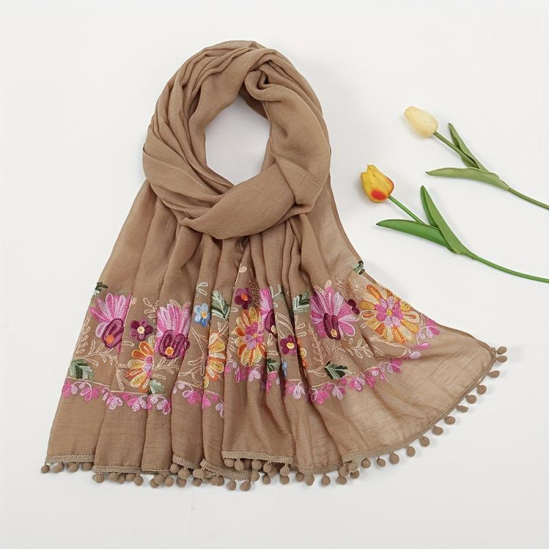 Flower Embroidery Vintage Scarf Boho Tassel Shawl Solid