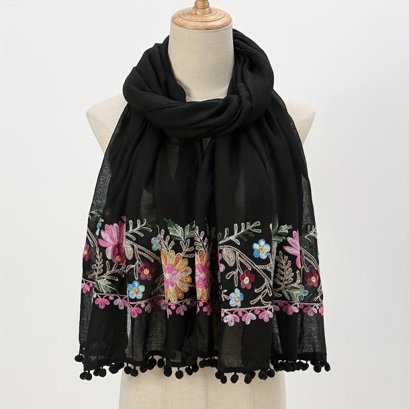 Flower Embroidery Vintage Scarf Boho Tassel Shawl Solid