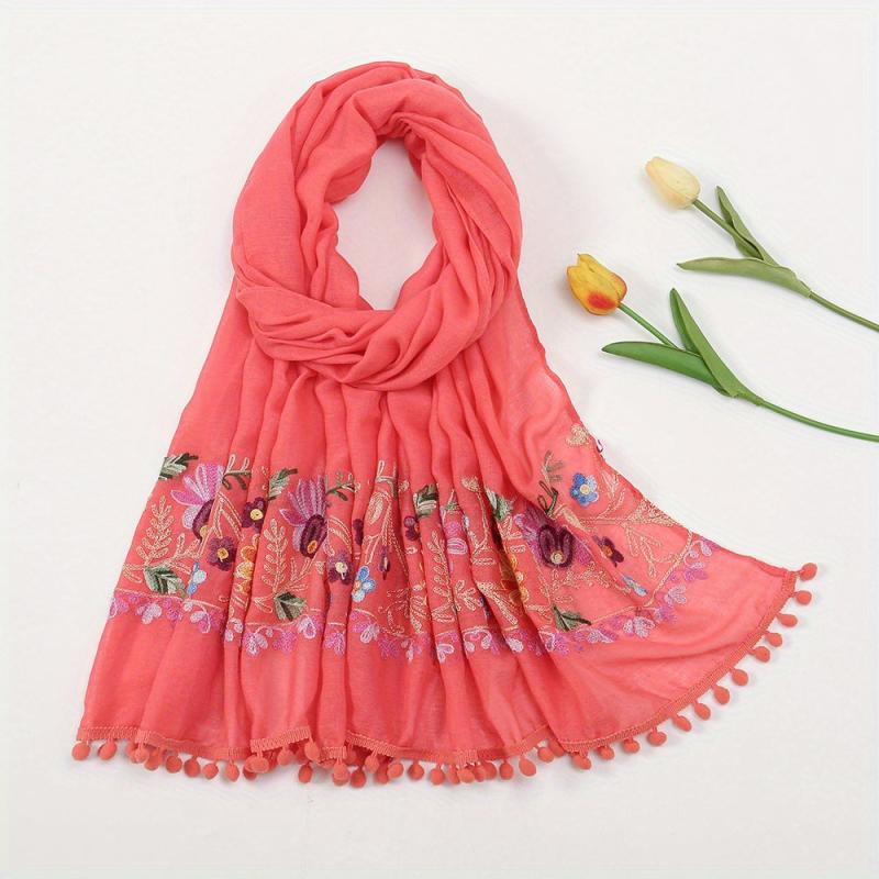 Flower Embroidery Vintage Scarf Boho Tassel Shawl Solid