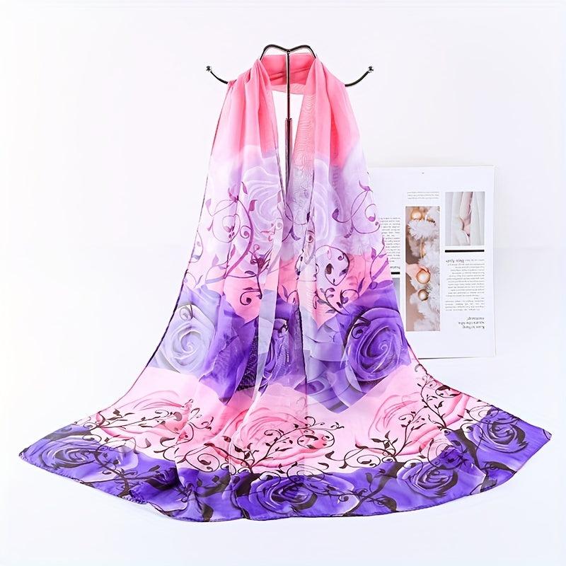 Gradient Flower Print Scarf Chiffon Sunscreen Shawl