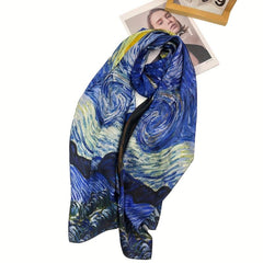65x180cm Silk Scarf Oil Painting Print Shawl Head Wrap Travel Beach Towel