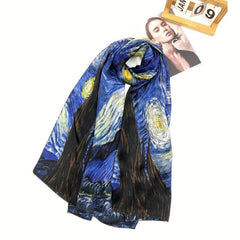 65x180cm Silk Scarf Oil Painting Print Shawl Head Wrap Travel Beach Towel