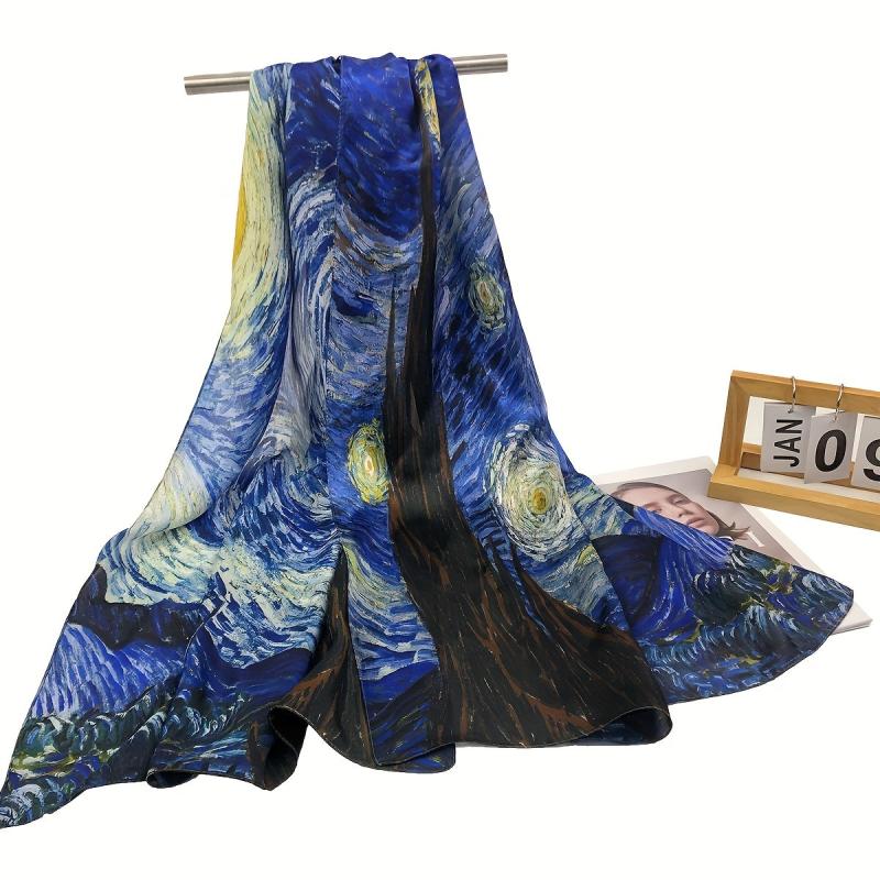65x180cm Silk Scarf Oil Painting Print Shawl Head Wrap Travel Beach Towel