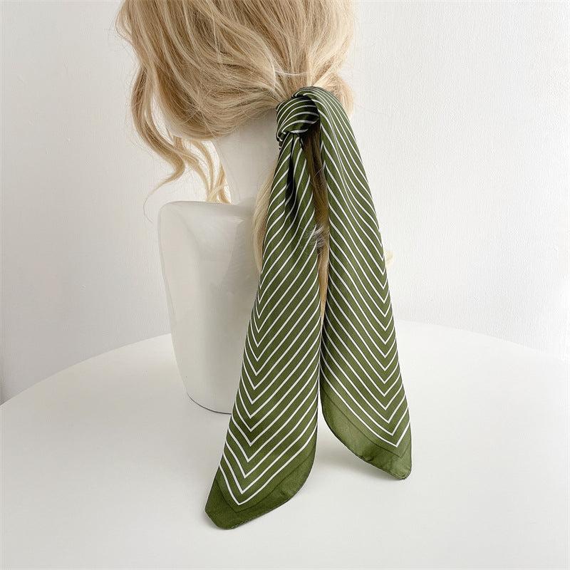 Stripe Print Square Scarf Satin Bandana Neckerchief Women Silk Head Wrap