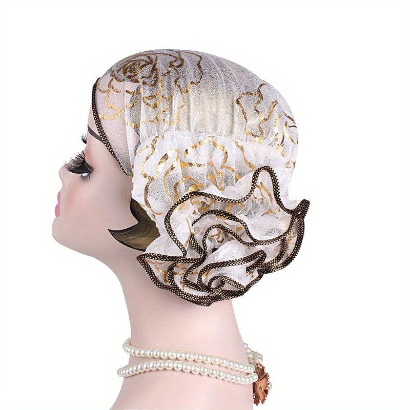 Hot Stamping Flower Pre Tied Head Scarf Turban Cap Head Wrap Cap