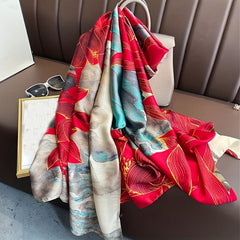 Red Lotus Print Scarf Silk Shawl Satin Head Wrap Travel Beach Towel