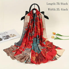 Red Lotus Print Scarf Silk Shawl Satin Head Wrap Travel Beach Towel