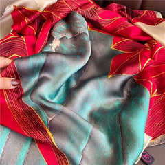 Red Lotus Print Scarf Silk Shawl Satin Head Wrap Travel Beach Towel