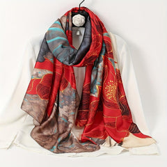 Red Lotus Print Scarf Silk Shawl Satin Head Wrap Travel Beach Towel