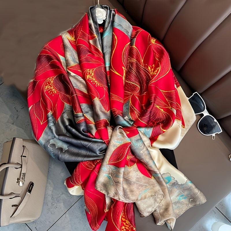 Red Lotus Print Scarf Silk Shawl Satin Head Wrap Travel Beach Towel
