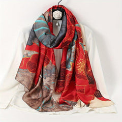 Red Lotus Print Scarf Silk Shawl Satin Head Wrap Travel Beach Towel