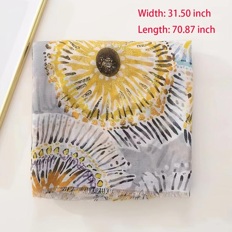 Yellow Flower Print Shinny Scarf Frayed Edges Shawl