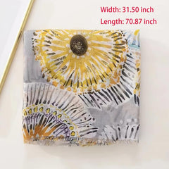 Yellow Flower Print Shinny Scarf Frayed Edges Shawl