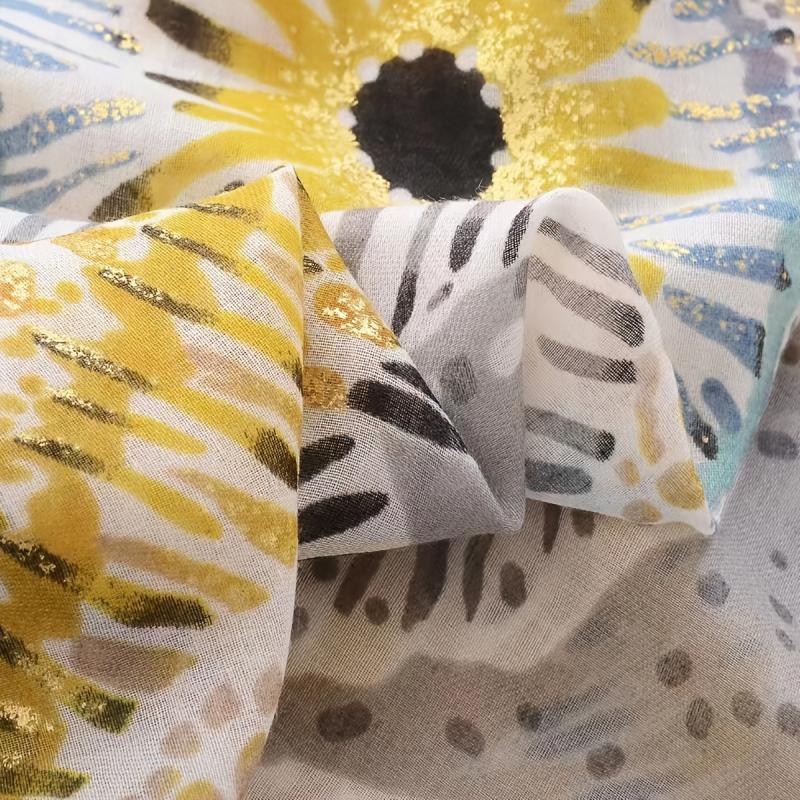 Yellow Flower Print Shinny Scarf Frayed Edges Shawl