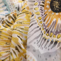 Yellow Flower Print Shinny Scarf Frayed Edges Shawl