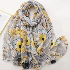 Yellow Flower Print Shinny Scarf Frayed Edges Shawl