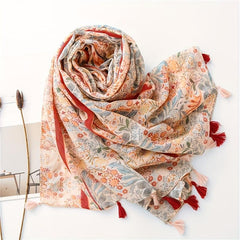 National Style Floral Fringed Scarf Lightweight Breathable Sunscreen Shawl