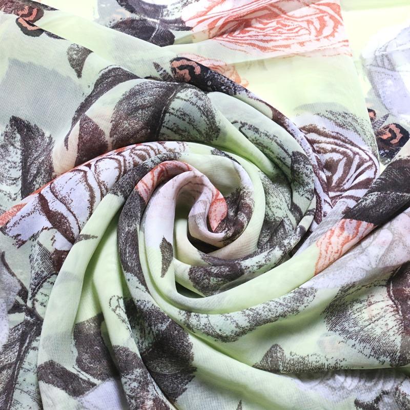 Vintage Rose Print Chiffon Scarf Green Shawl Thin Hijab Women Headscarf