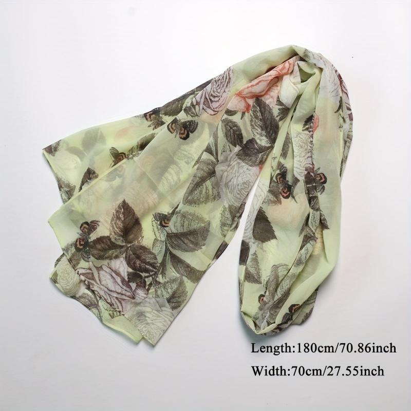 Vintage Rose Print Chiffon Scarf Green Shawl Thin Hijab Women Headscarf
