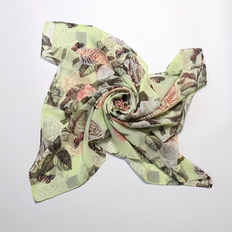 Vintage Rose Print Chiffon Scarf Green Shawl Thin Hijab Women Headscarf