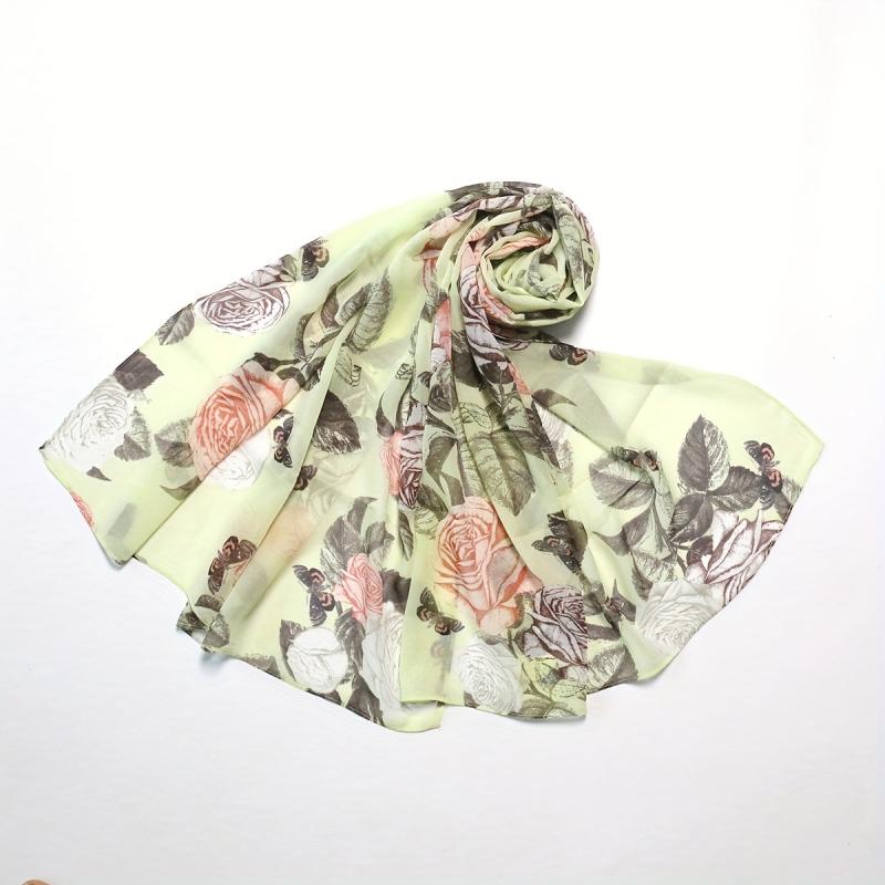 Vintage Rose Print Chiffon Scarf Green Shawl Thin Hijab Women Headscarf