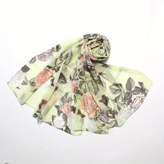 Vintage Rose Print Chiffon Scarf Green Shawl Thin Hijab Women Headscarf