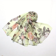 Vintage Rose Print Chiffon Scarf Green Shawl Thin Hijab Women Headscarf