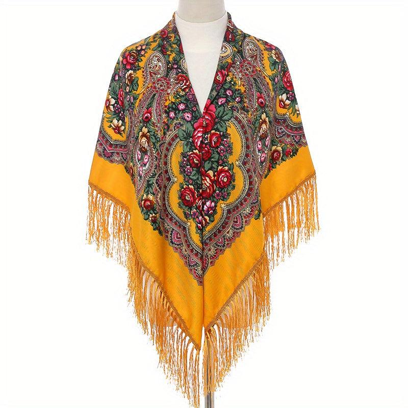 Bohemian Flower Print Square Scarf Vintage Warm Cape Women's Cardigan Wrap