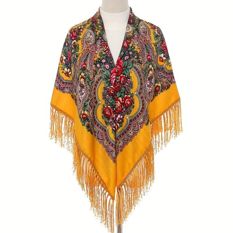Bohemian Flower Print Square Scarf Vintage Warm Cape Women's Cardigan Wrap
