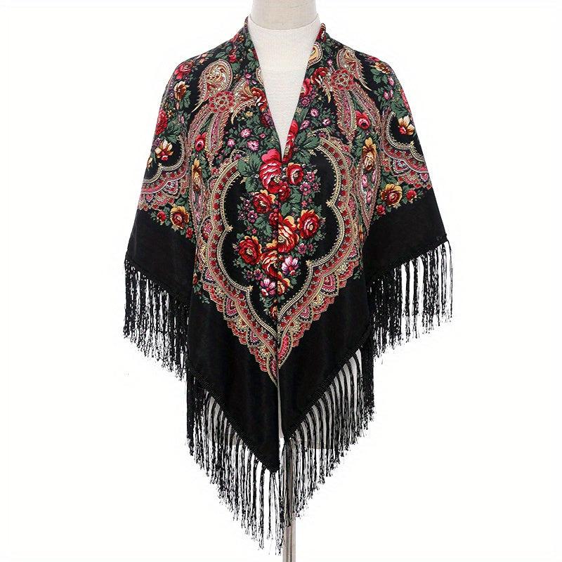 Bohemian Flower Print Square Scarf Vintage Warm Cape Women's Cardigan Wrap