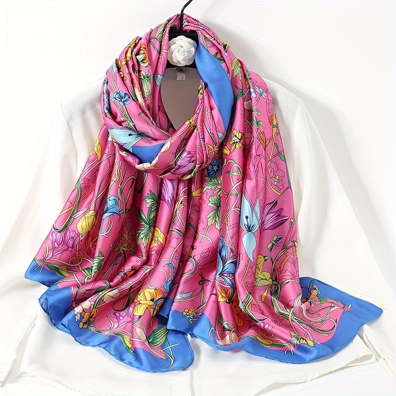 Boho Flower Print Scarf Satin Shawl Casual Windproof Head Wrap