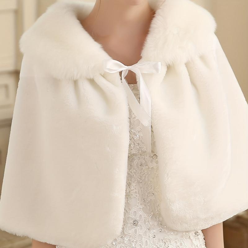 Plush Collar Wedding Shawl Ribbon Tied Wrap Bridal Faux Fur Capelet