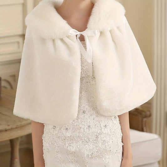Plush Collar Wedding Shawl Ribbon Tied Wrap Bridal Faux Fur Capelet