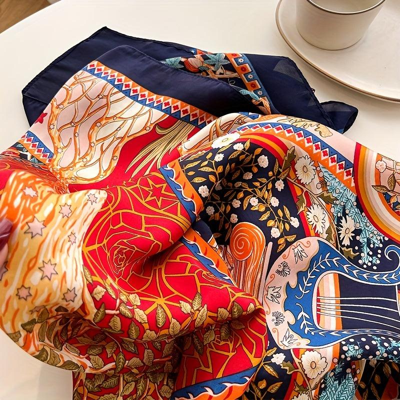 Red Lucky Tree Print Bandana Boho Silk Scarf