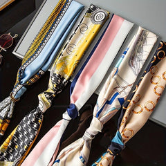 Long Ribbon Scarf Silk Thin Necktie Twill Floral Print Classic Hairband
