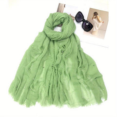Solid Raw Trim Rushed Scarf Faux Pearl Decor Shawl Wrap