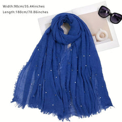 Solid Raw Trim Rushed Scarf Faux Pearl Decor Shawl Wrap