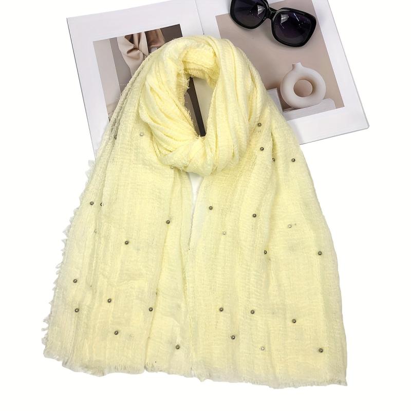 Solid Raw Trim Rushed Scarf Faux Pearl Decor Shawl Wrap