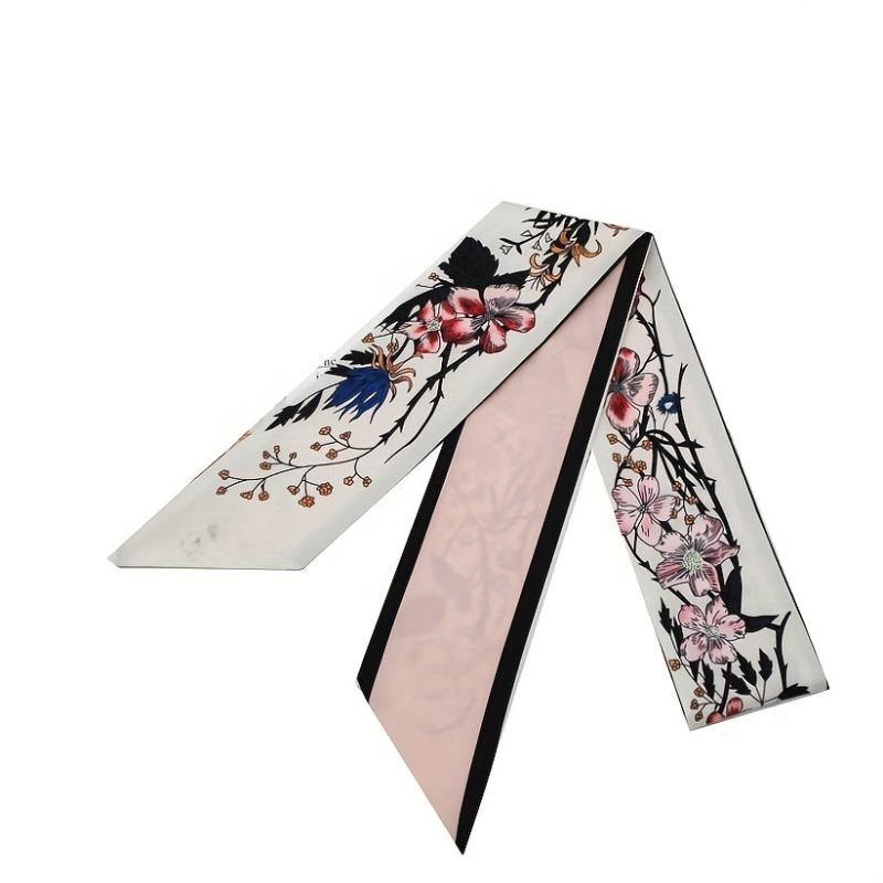 2pcs Floral Skinny Scarf Long Ribbon Neckerchief Twilly Scarf for Women