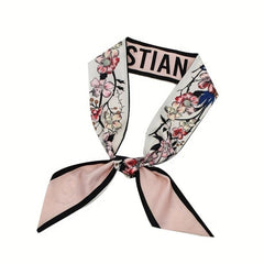 2pcs Floral Skinny Scarf Long Ribbon Neckerchief Twilly Scarf for Women